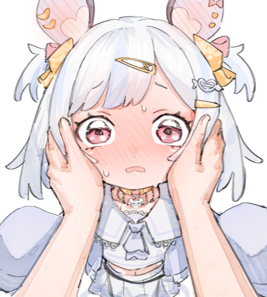1girl, animal_ears, blush, bow, hair_bow, hair_ornament, hairclip, hands_on_another's_cheeks