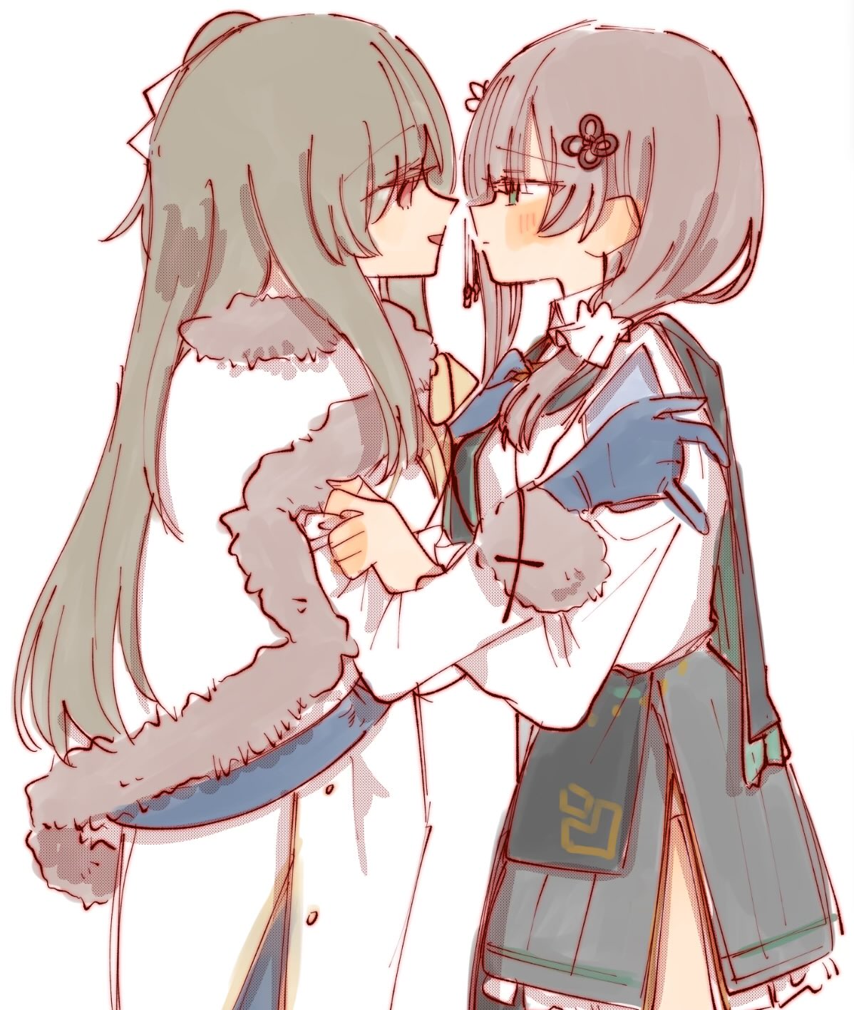 2girls, assault_lily, black_bow, black_bowtie, black_cape, black_gloves, black_hair, black_skirt, blush, bow, bowtie, brown_hair, cape, capelet, closed_mouth, clothes_grab, clothing_cutout, coat, commentary_request, cowboy_shot, face-to-face, flower, flower_knot, frilled_skirt, frills, from_side, fur-trimmed_capelet, fur-trimmed_sleeves, fur_trim, gloves, green_eyes, hair_ornament, hair_over_shoulder, hair_scrunchie, hand_on_another's_arm, hand_up, highres, kuo_shenlin, long_hair, long_sleeves, looking_at_viewer, multiple_girls, official_alternate_costume, one_side_up, parted_lips, pink_eyes, profile, rui_rui_rui0122, scrunchie, shirt, shoulder_cutout, side_cape, side_slit, sidelocks, simple_background, skirt, sleeve_grab, smile, standing, tassel, tassel_hair_ornament, very_long_hair, wang_yujia, white_background, white_capelet, white_coat, white_flower, white_scrunchie, white_shirt, winter_clothes, yellow_bow, yellow_bowtie, yuri
