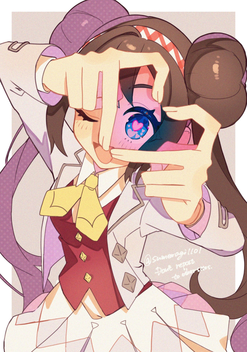 1girl, blue_eyes, brown_hair, collared_shirt, donut_hair_bun, double_bun, grey_jacket, hair_bun
