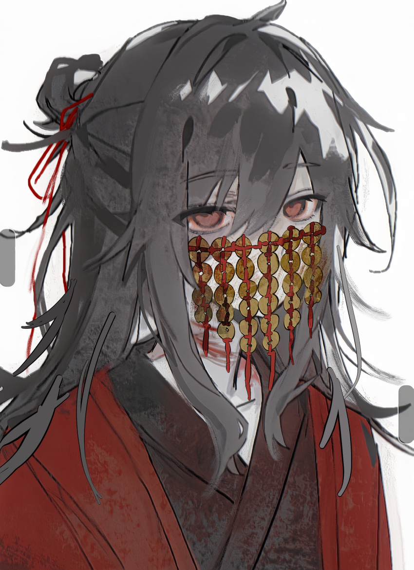 1boy, absurdres, black_hair, black_hanfu, blood, blood_on_neck, chinese_clothes, chinese_commentary, coat, coin, coin_mask, coin_on_string, covered_mouth, cuts, dao_gui_yi_xian, hair_between_eyes, hair_bun, hair_ribbon, half_updo, hanfu, highres, holed_coin, injury, kaixing421, li_huowang, long_hair, looking_at_viewer, male_focus, mask, mouth_veil, red_coat, red_eyes, red_ribbon, ribbon, simple_background, single_hair_bun, solo, upper_body, veil, white_background
