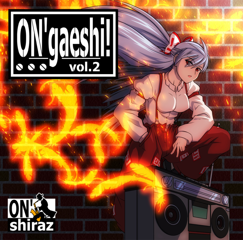 albino, album_cover, aoi_tate, bow, breasts, cover, feathers, fire, fujiwara_no_mokou, grey_hair, hair_ribbon, long_hair, pants, radio, red_eyes, ribbon, solo, suspenders, touhou, v