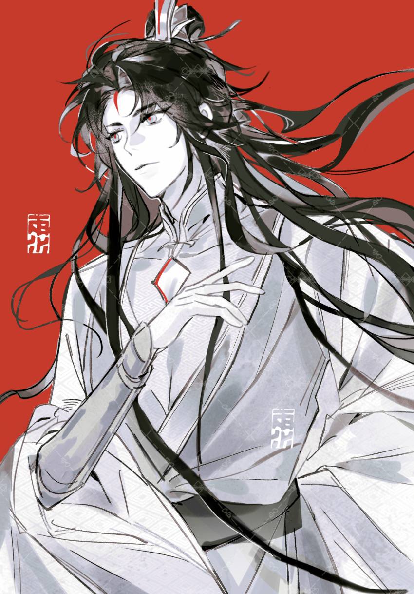 1boy, chinese_clothes, cleavage_cutout, closed_mouth, clothing_cutout, facial_mark, forehead_mark, hand_on_own_chest