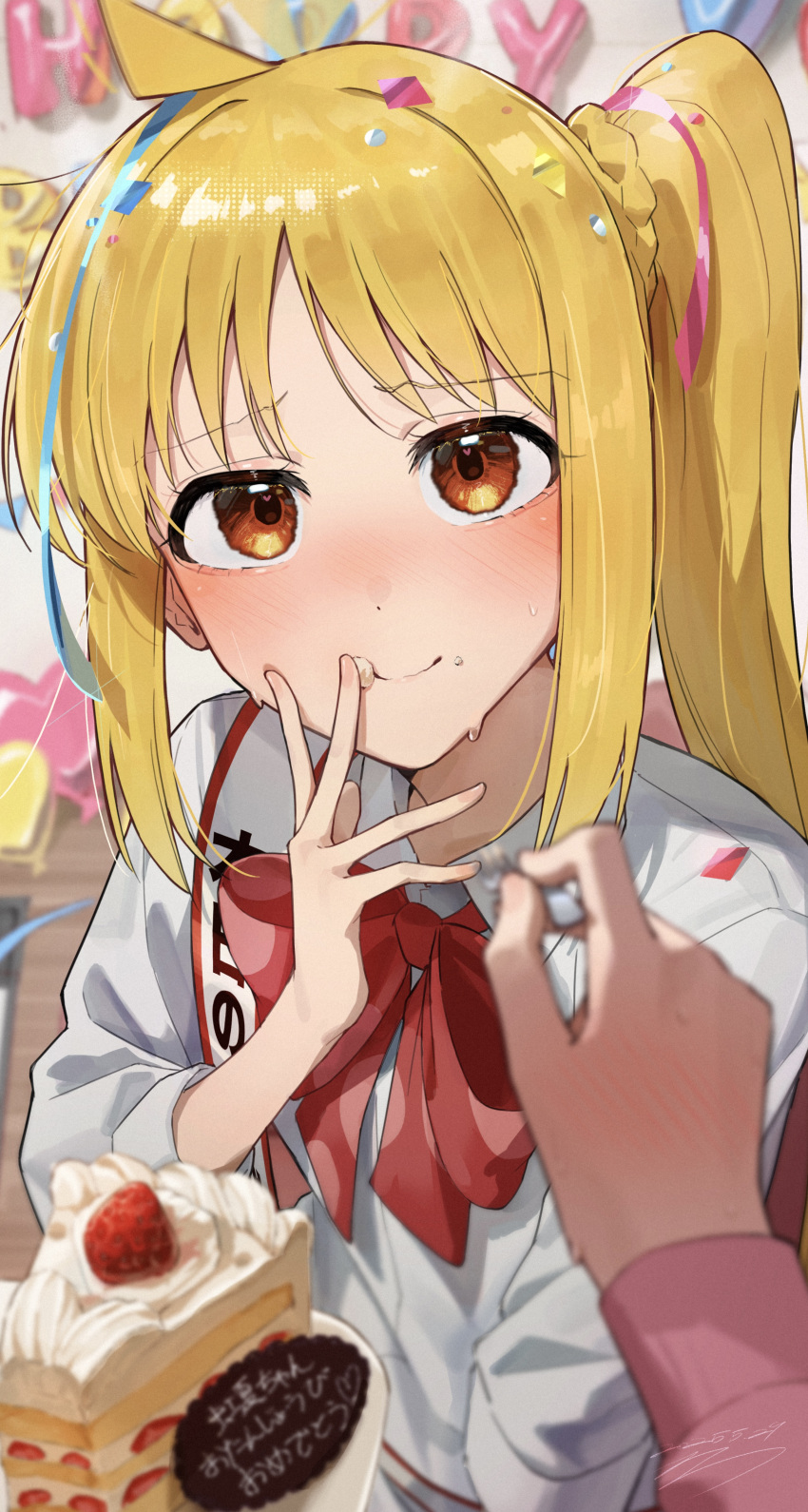 2girls, absurdres, ahoge, blonde_hair, blush, bocchi_the_rock!, bow, bowtie
