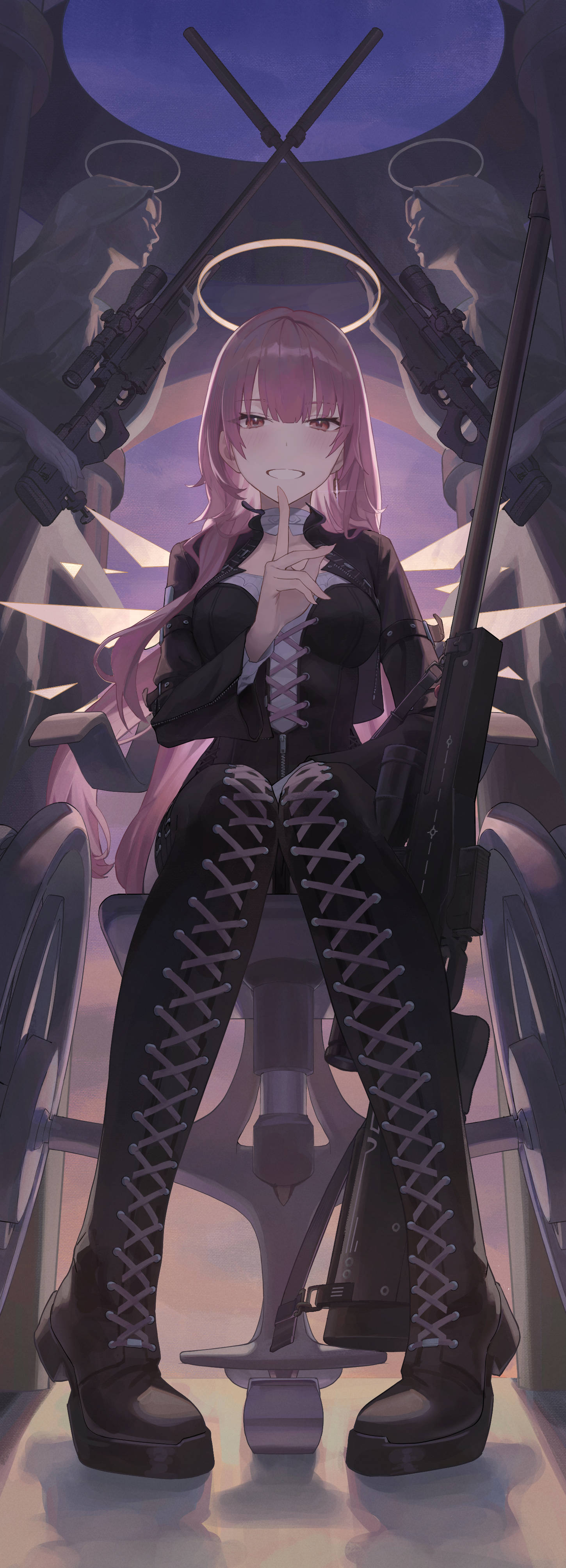 1girl, absurdres, ai_arctic_warfare, arknights, black_dress, black_jacket, blunt_bangs, bolt_action