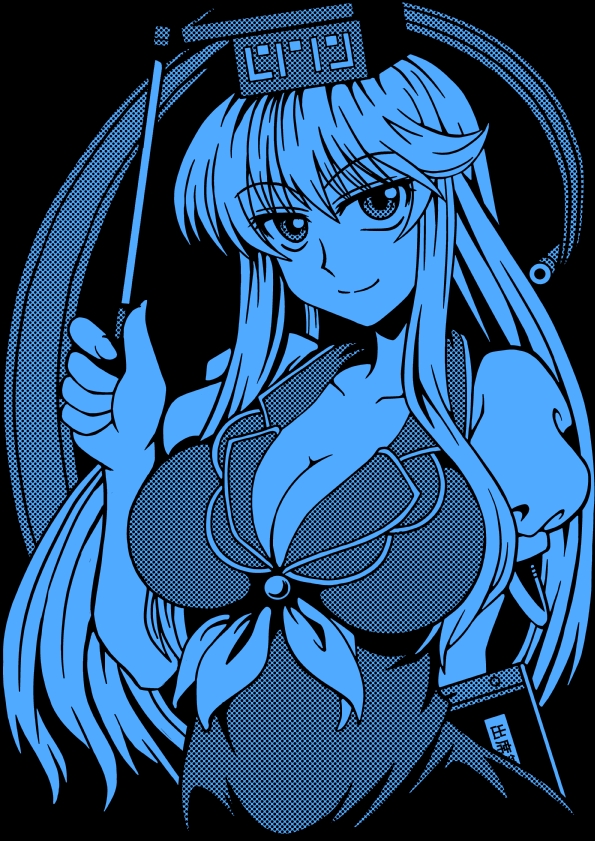breasts, cleavage, hat, kamishirasawa_keine, large_breasts, long_hair, looking_at_viewer, macaroni_and_cheese