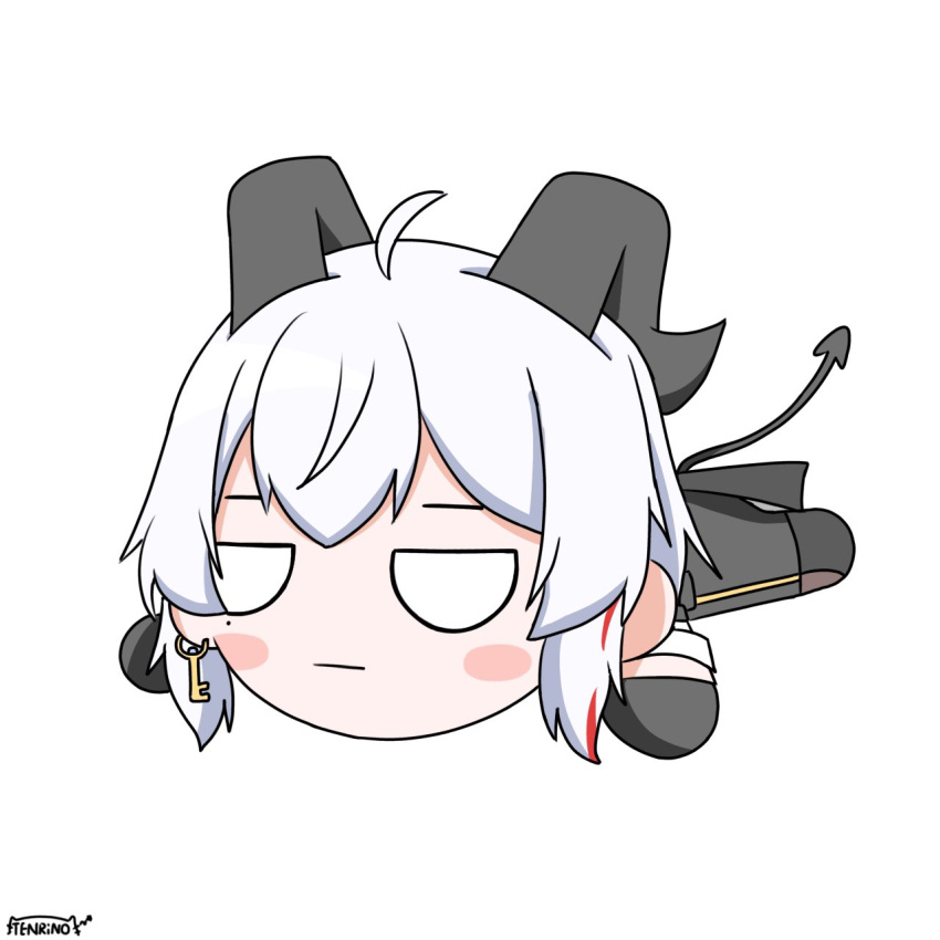 1girl, ahoge, artist_logo, black_gloves, black_horns, black_pants, black_tail, chibi, chibi_only, closed_mouth, commentary, curled_horns, demon_tail, earrings, gloves, highres, horns, jewelry, key_earrings, logo, lying, medium_hair, mole, mole_under_eye, multicolored_hair, nesoberi, on_stomach, pants, simple_background, solo, streaked_hair, tail, tenrino, white_background, white_hair, wuthering_waves, zani_(wuthering_waves)