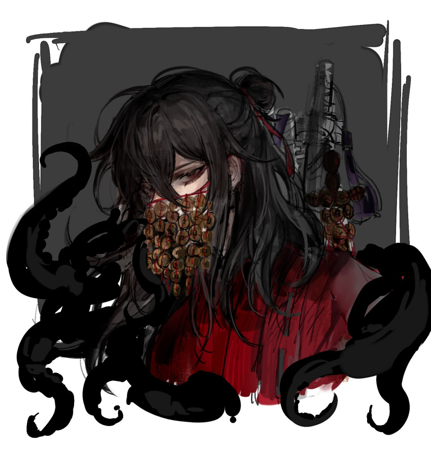 1boy, black_hair, chinese_clothes, chinese_commentary, coat, coin, coin_mask, coin_sword