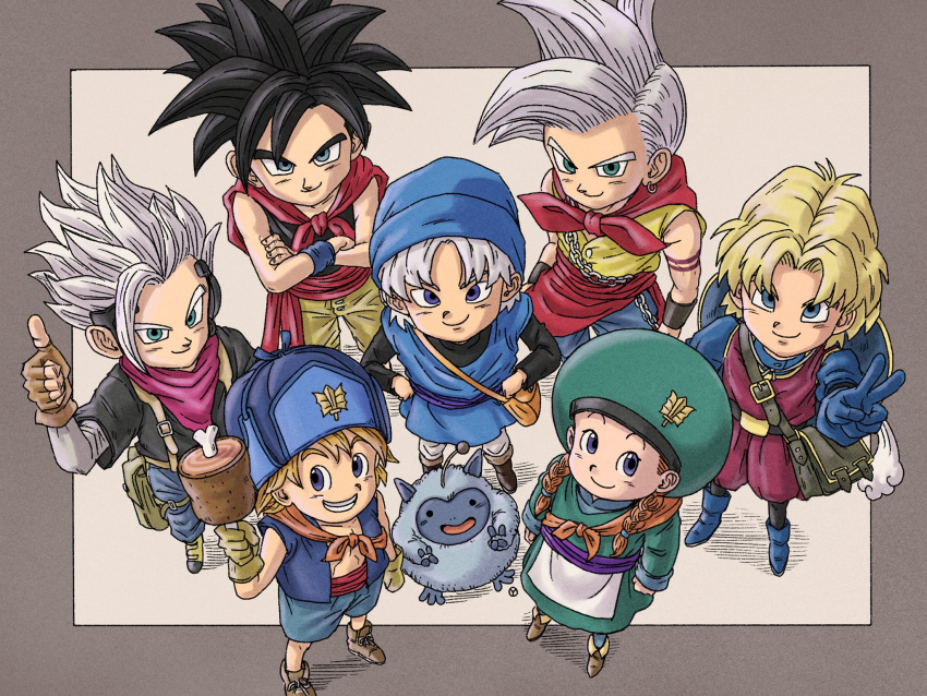 1girl, 1other, 6+boys, aged_down, apron, aqua_dress, aqua_eyes, arm_tattoo