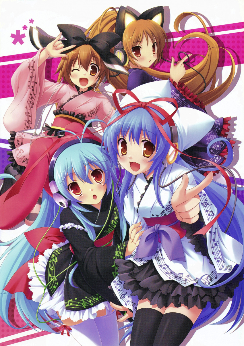 2000s_(style), 4girls, absurdres, animal_ears, barusamiko_(exit_tunes), blue_hair, bow, brown_eyes, brown_hair, cat_ears, character_request, exit_trance, exit_tunes, hair_bow, hat, headphones, highres, ikegami_akane, japanese_clothes, kimono, lace, lolita_fashion, long_hair, long_sleeves, mascot, multiple_girls, obi, open_mouth, orange_eyes, pointing, ponytail, sash, scan, short_kimono, skirt, third-party_source, trance_(music), very_long_hair, wa_lolita, wide_sleeves