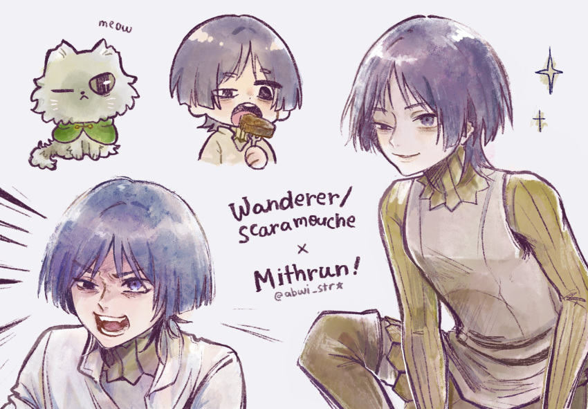 1boy, abwi_str, animalization, arms_at_sides, bags_under_eyes, black_eyes, blunt_ends, capelet, cat, character_name, cosplay, dungeon_meshi, eating, empty_eyes, food, fork, genshin_impact, green_capelet, green_sleeves, grey_hair, grey_shirt, highres, holding, holding_fork, male_focus, mithrun, mithrun_(cosplay), multiple_expressions, open_mouth, parted_bangs, partially_shaded_face, partially_unbuttoned, person_and_animalization, ribbed_collar, ribbed_sleeves, scaramouche_(genshin_impact), shirt, smile, solo, teeth, tongue, tunic, twitter_username, uneven_eyes, upper_teeth_only, violet_eyes, wanderer_(genshin_impact), white_background, white_cat, white_shirt, wispy_bangs