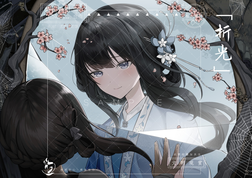 1girl, beizi_(clothing), black_hair, braid, branch, chinese_clothes, chinese_text, closed_mouth