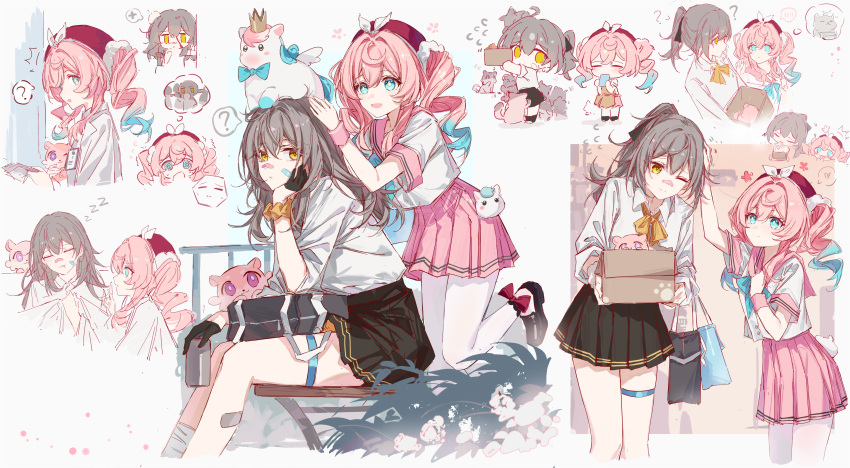 2girls, ?, absurdres, alternate_costume, alternate_hairstyle, aqua_eyes, bandaged_leg, bandages