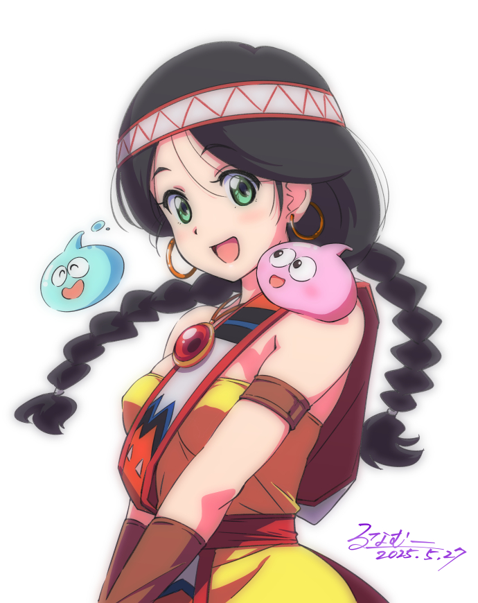 1girl, 2025, 2others, :d, armlet, black_hair, bracer, braid