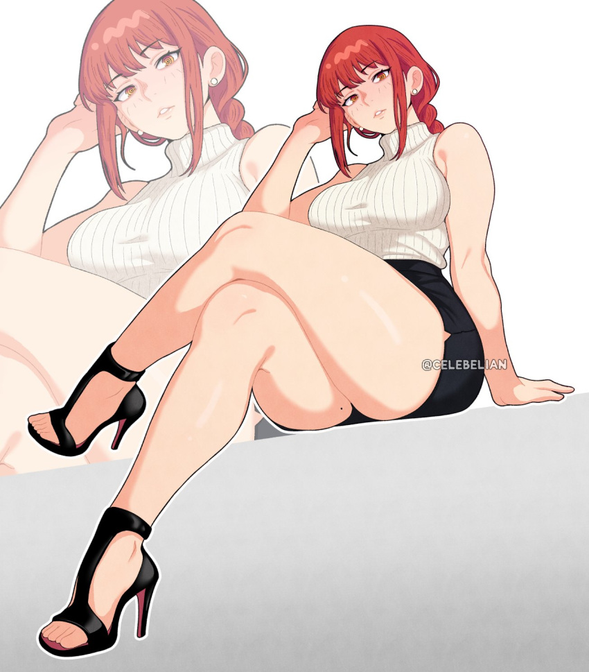 artist_name, bare_shoulders, blush, breasts, celebelian, chainsaw_man, high_heels, highres