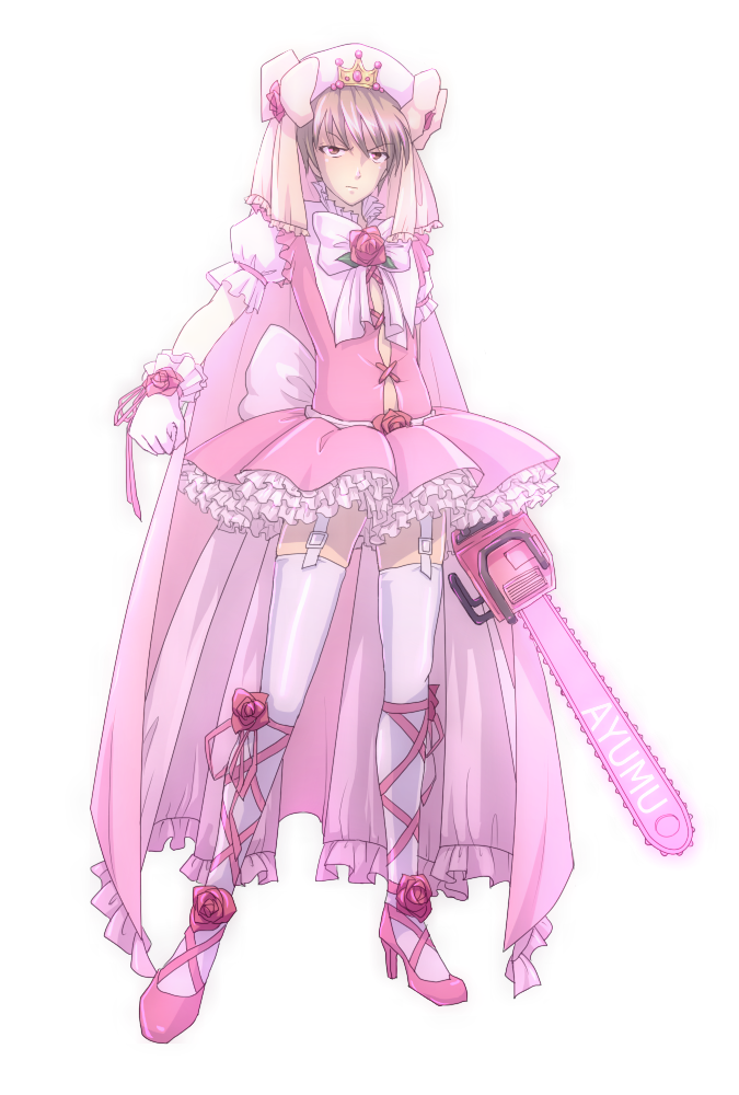 aikawa_ayumu, bow, chainsaw, cross-laced_footwear, crossdressinging, dress, flower, garter_straps
