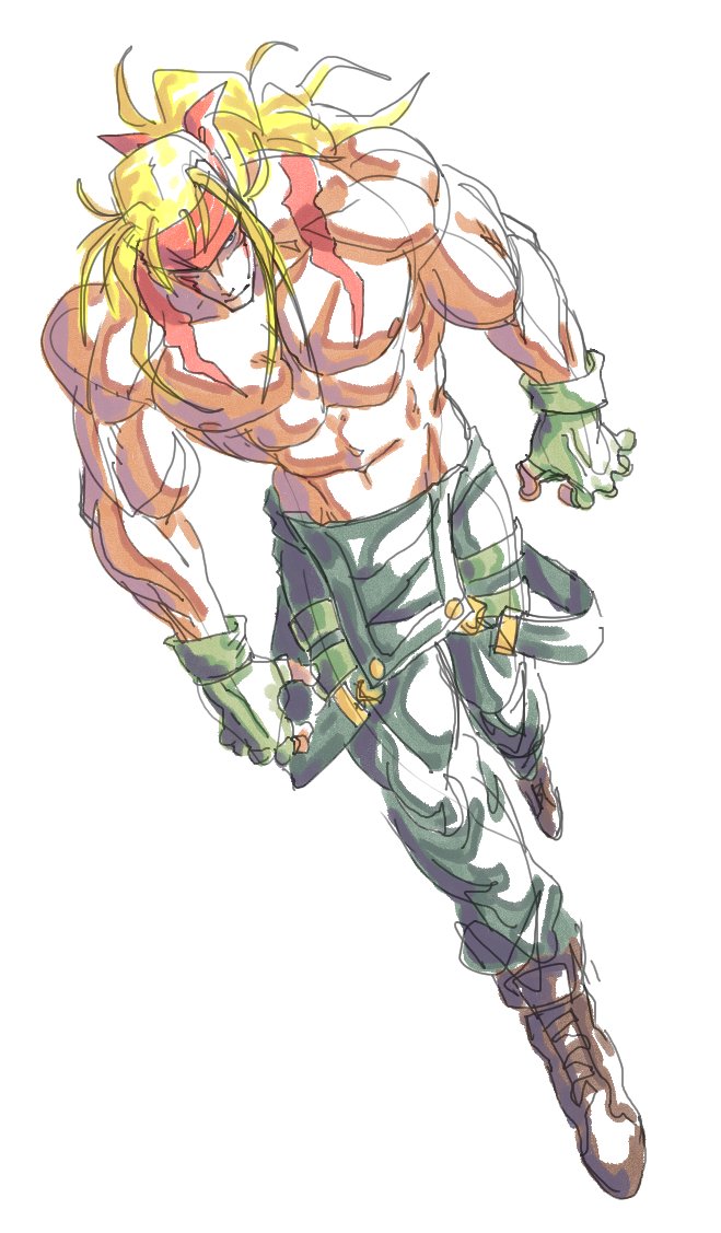 1boy, abs, alex_(street_fighter), beatle, black_boots, blonde_hair, body_markings, boots, closed_mouth, commentary, english_commentary, fingerless_gloves, full_body, gloves, green_gloves, green_pants, headband, long_hair, looking_to_the_side, male_focus, muscular, muscular_male, nipples, pants, pectorals, ponytail, red_headband, sideways_glance, simple_background, solo, street_fighter, street_fighter_iii_(series), suspenders_hanging, topless_male, white_background