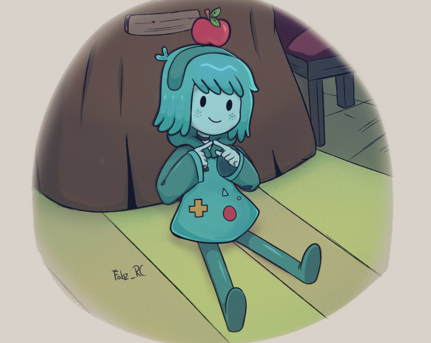 1girl, adventure_time, apple, blue_hair, blue_hoodie, blue_skin, bmo, closed_mouth, colored_skin, commentary, fabz_rc, food, food_on_head, fruit, fruit_on_head, full_body, highres, hood, hoodie, humanization, in-universe_location, index_fingers_together, indoors, leaf, long_sleeves, object_on_head, sitting, smile, solo, wide_sleeves