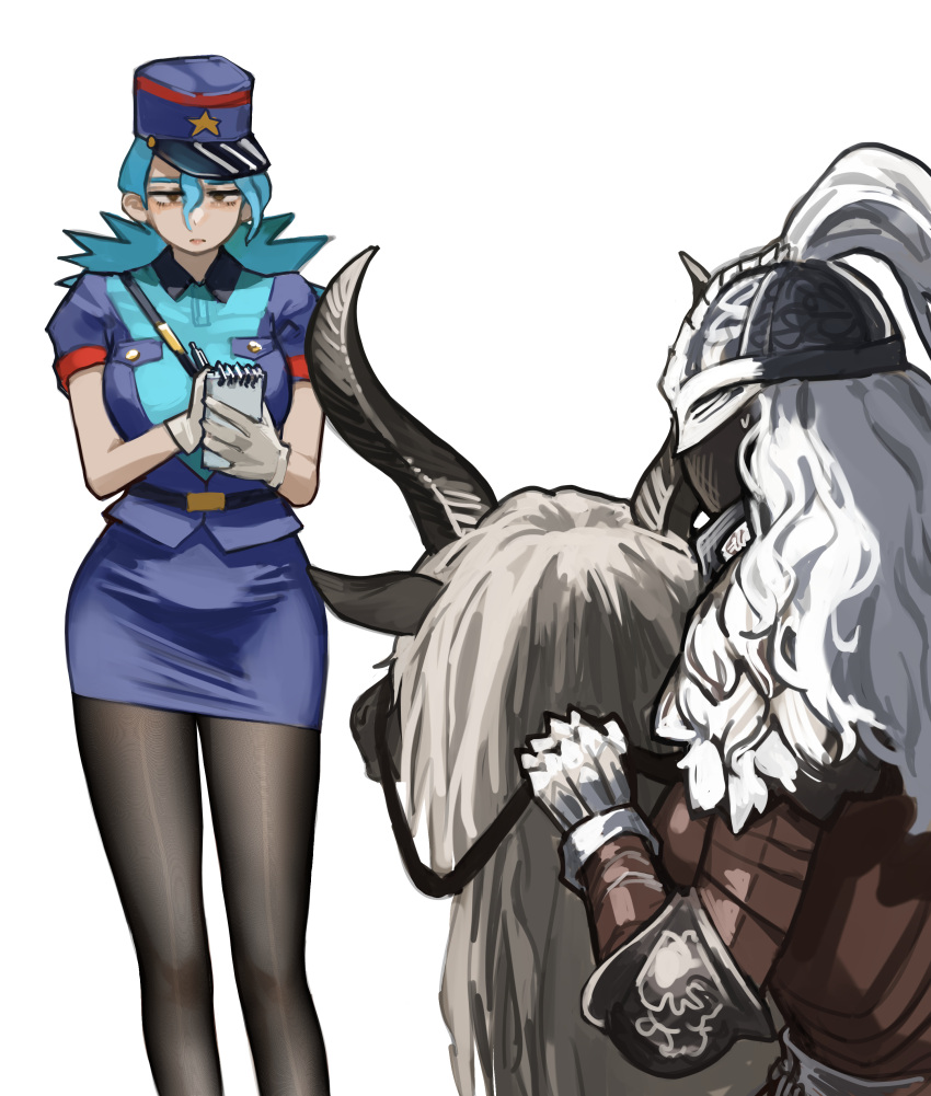 1other, 2girls, absurdres, armor, black_pantyhose, brown_eyes, commentary_request, crossover