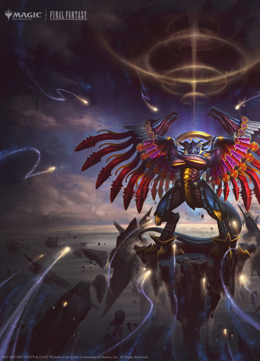 1boy, absurdres, arif_wijaya, aura, bahamut_(final_fantasy), clouds, cloudy_sky, commentary, copyright_name, copyright_notice, crossed_arms, dragon, dragon_tail, dragon_wings, english_commentary, final_fantasy, final_fantasy_x, floating_rock, highres, horns, magic:_the_gathering, official_art, sky, solo, tail, wings