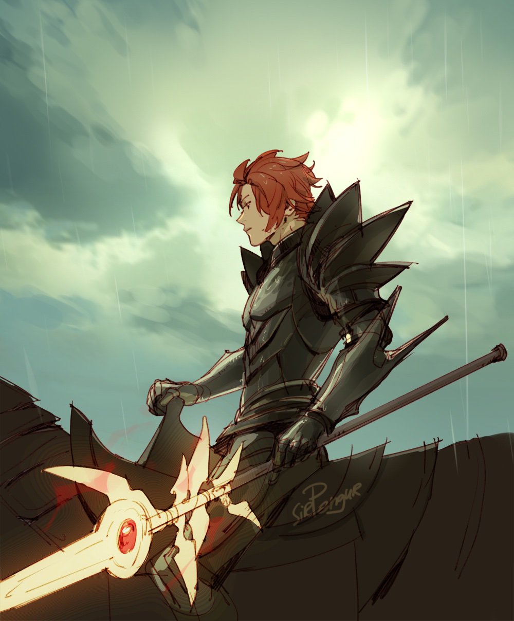 1boy, armor, black_armor, breastplate, clouds, cloudy_sky, faulds, fire_emblem