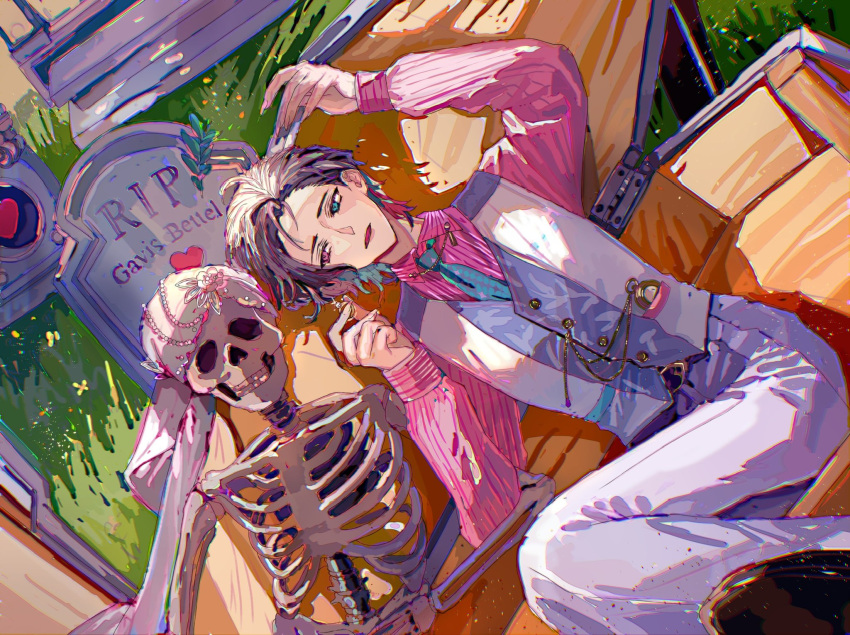 1boy, bishounen, blue_eyes, blue_hair, blue_necktie, buttons, coffin, collared_shirt