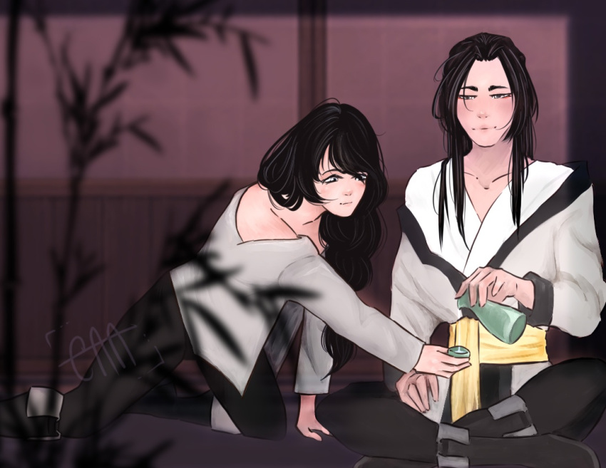 2boys, alcohol, black_hair, blue_eyes, bottle, cup, feng_huangyu, grey_eyes, long_hair, male_focus, moved_by_freedom, multiple_boys, pants, shan_qiwei, sitting, smile