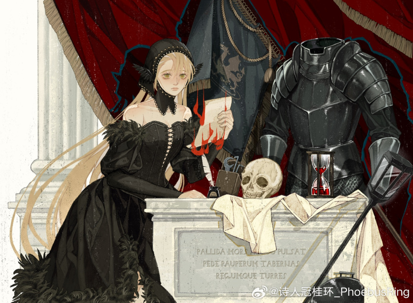 1girl, armor, bare_shoulders, black_dress, blonde_hair, burning, burning_paper, chinese_commentary