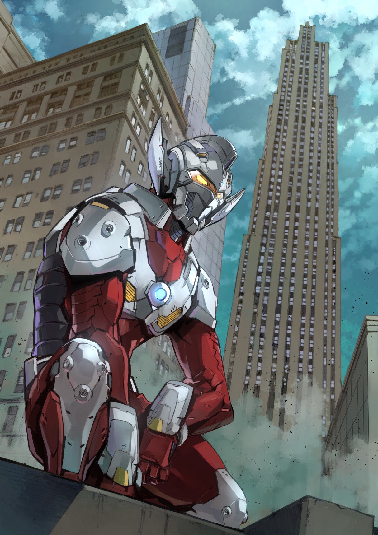 1boy, alien, alternate_universe, armor, boots, building, city, cityscape