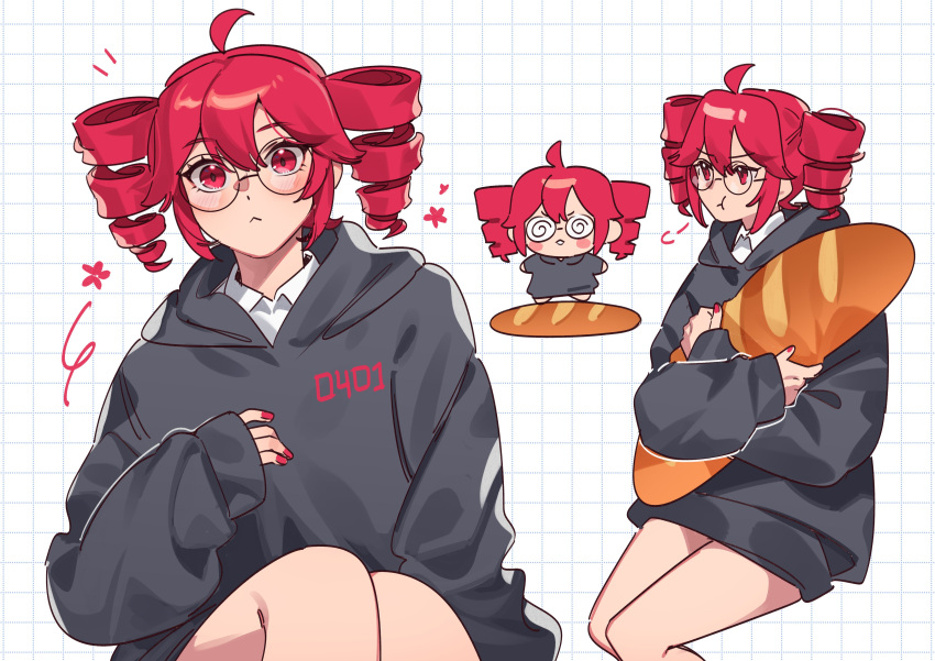 1girl, :t, absurdres, alternate_costume, baguette, black_sweater, blush, bread, closed_mouth, coke-bottle_glasses, collared_shirt, drill_hair, fingernails, food, food-themed_pillow, glasses, grimruu, hair_between_eyes, highres, kasane_teto, long_sleeves, looking_at_viewer, multiple_views, pout, red_eyes, red_hair, red_nails, round_eyewear, shirt, shirt_under_sweater, sitting, sleeves_past_wrists, smile, sweater, twin_drills, twintails, utau, white_background, wing_collar