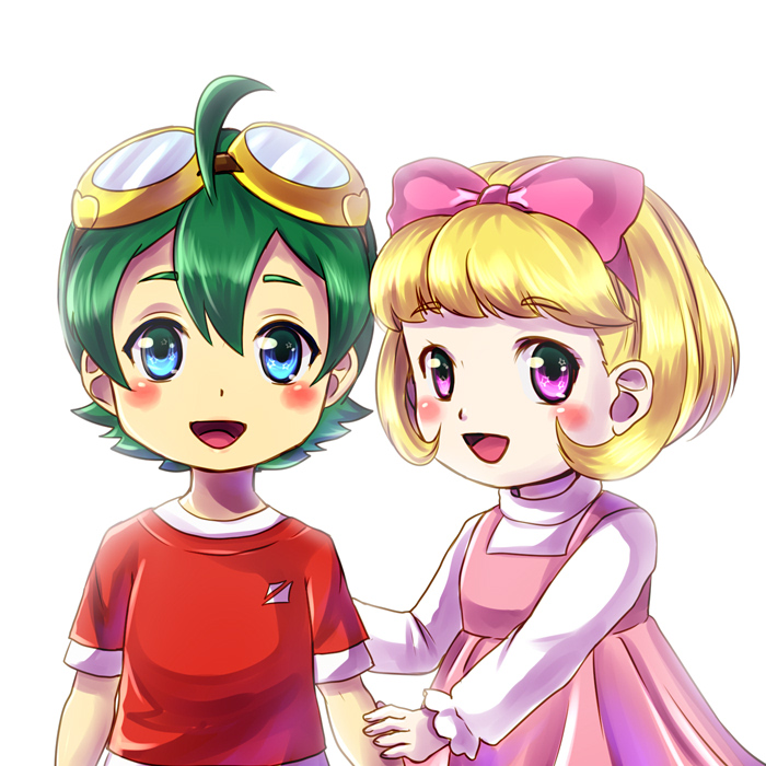 1boy, 1girl, ahoge, blonde_hair, blue_eyes, blush_stickers, bow, digimon