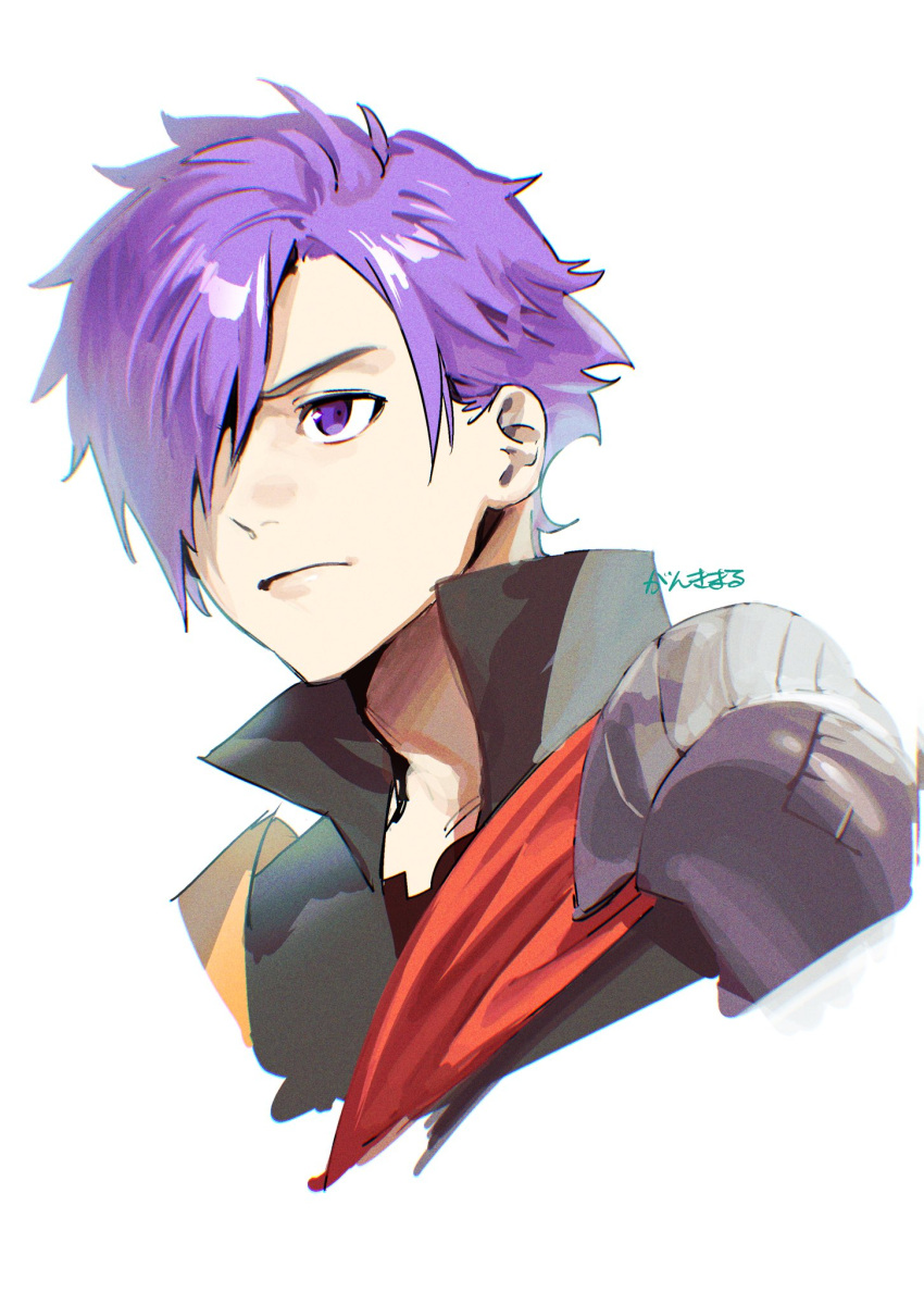 1boy, armor, artist_name, closed_mouth, commentary_request, fire_emblem, fire_emblem:_three_houses, fire_emblem_warriors:_three_hopes, hair_over_one_eye, highres, male_focus, male_shez_(fire_emblem), one_eye_covered, papipupepo4989, pauldrons, purple_hair, short_hair, shoulder_armor, simple_background, single_pauldron, solo, violet_eyes, white_background
