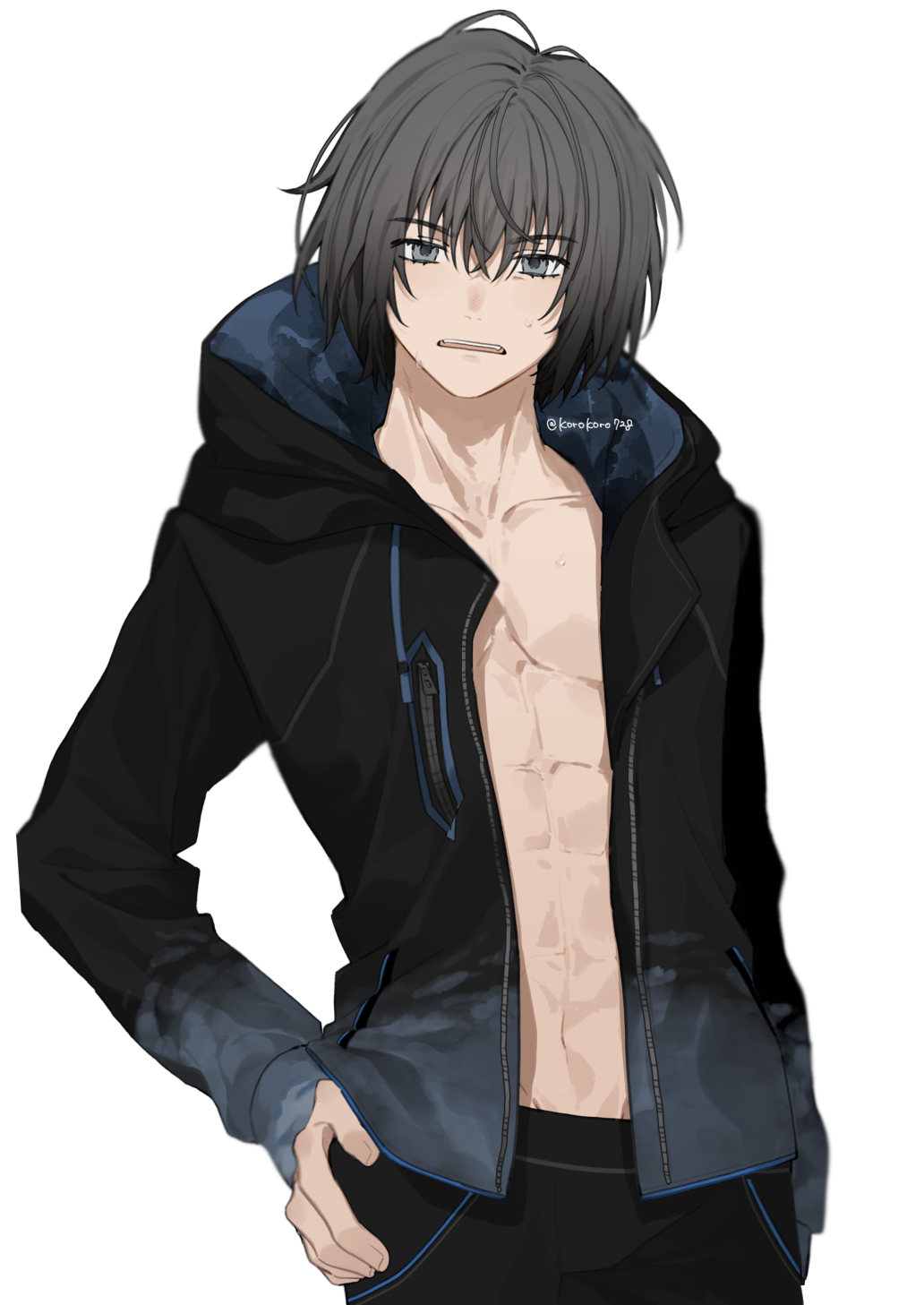 1boy, black_hair, blue_eyes, highres, looking_at_viewer, oberon_(fate), oberon_(moody_summer_oberon)_(fate), oberon_(third_ascension)_(fate)