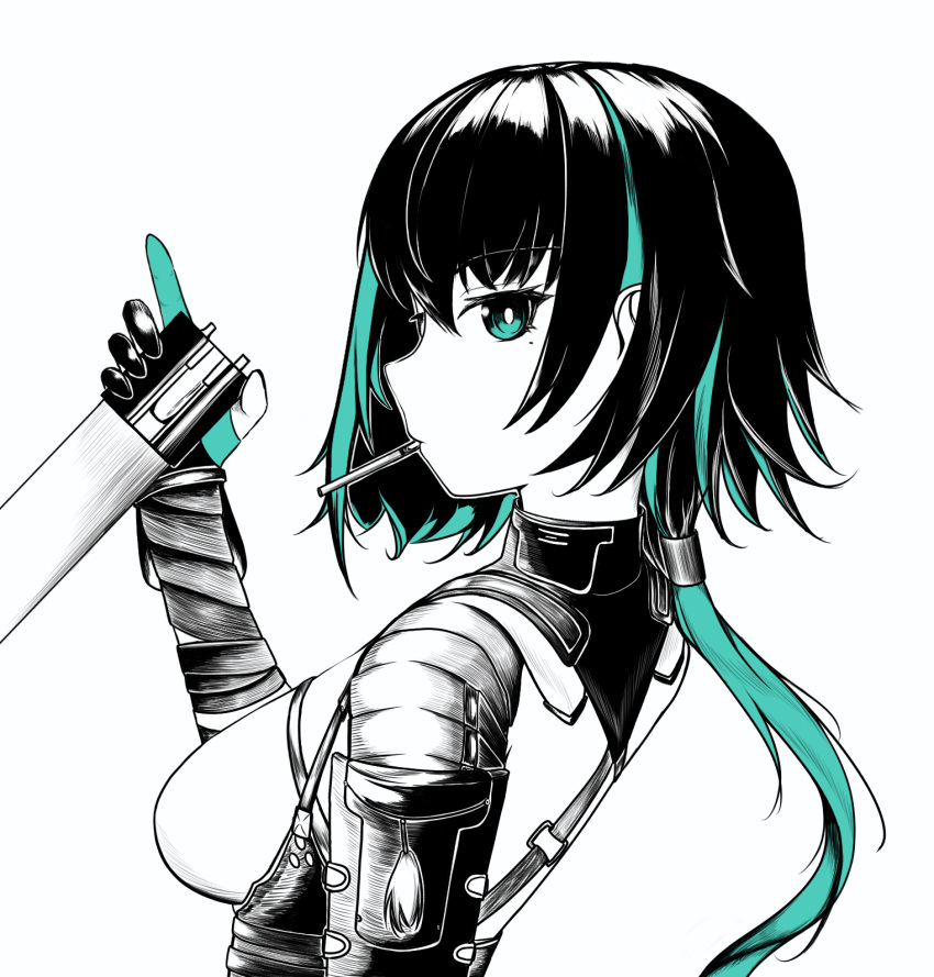 1girl, bare_shoulders, blue_hair, breasts, cigarette, f4_u, girls'_frontline_2:_exilium, girls_frontline, highres, looking_at_viewer, medium_breasts, shirt, shoulder_strap, solo, white_shirt, zhaohui_(girls'_frontline_2)