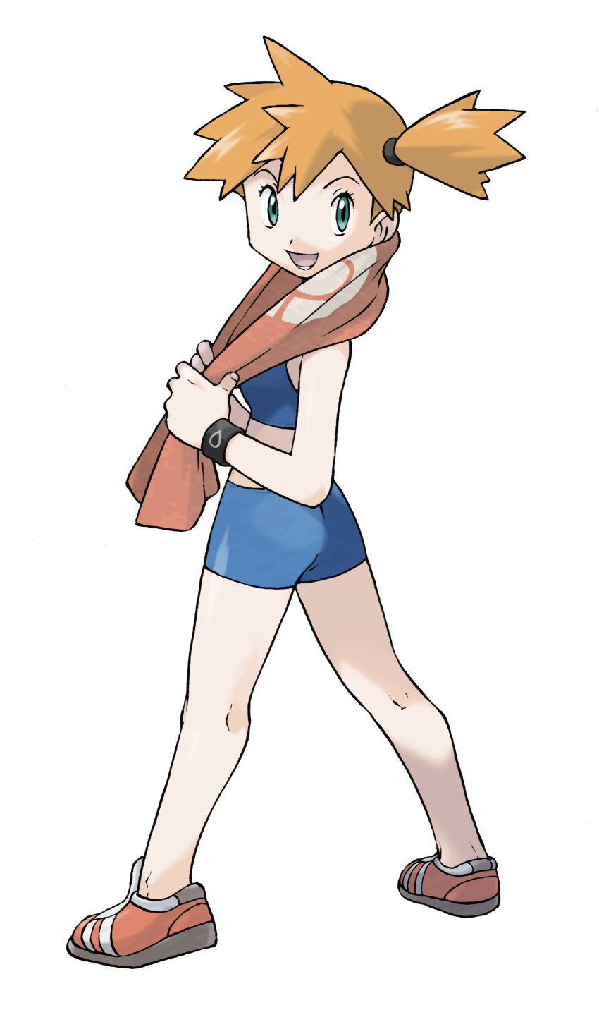 1girl, absurdres, badge, badge_(pokemon), bikini, blue_bikini, blue_shorts, cascade_badge
