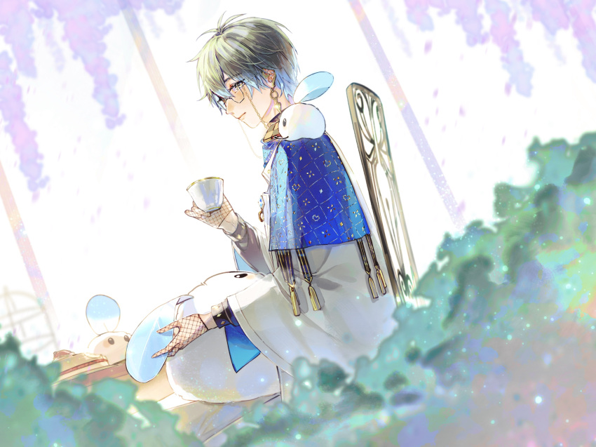 1boy, black_shirt, blue_hair, blurry, blurry_foreground, bush, chair, closed_mouth