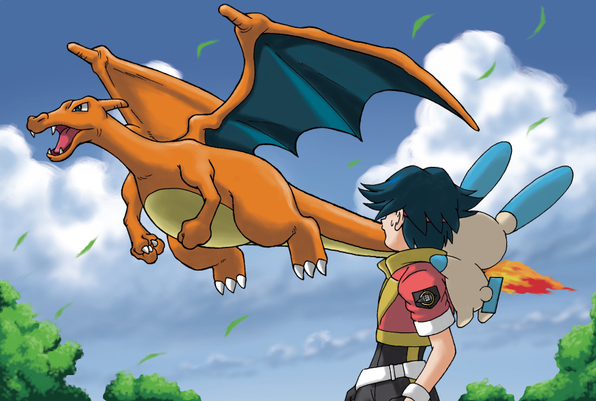 1boy, blue_eyes, blue_hair, blue_sky, charizard, claws, clouds, day
