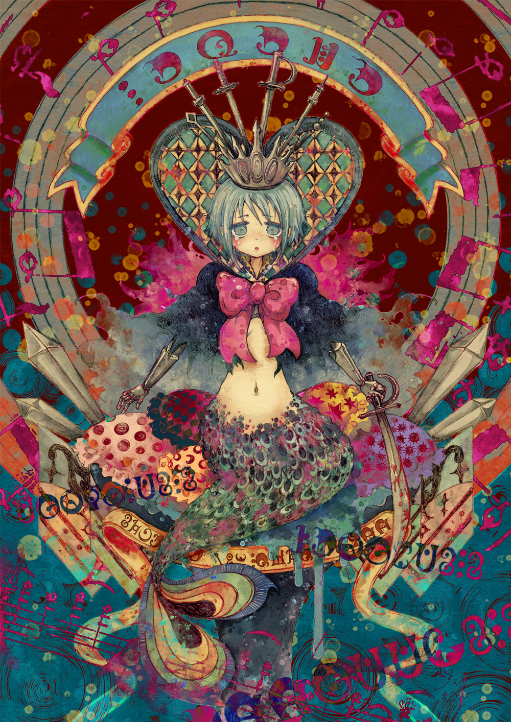 blue_eyes, blue_hair, bow, crown, gauntlets, heart, hideandseek, highres, madoka_runes, mahou_shoujo_madoka_magica, mermaid, metal_gloves, miki_sayaka, monster_girl, musical_note, navel, oktavia_von_seckendorff, ribbon, short_hair, solo, spoilers, sword, tears, weapon, witch's_labyrinth, witch's_labyrinth