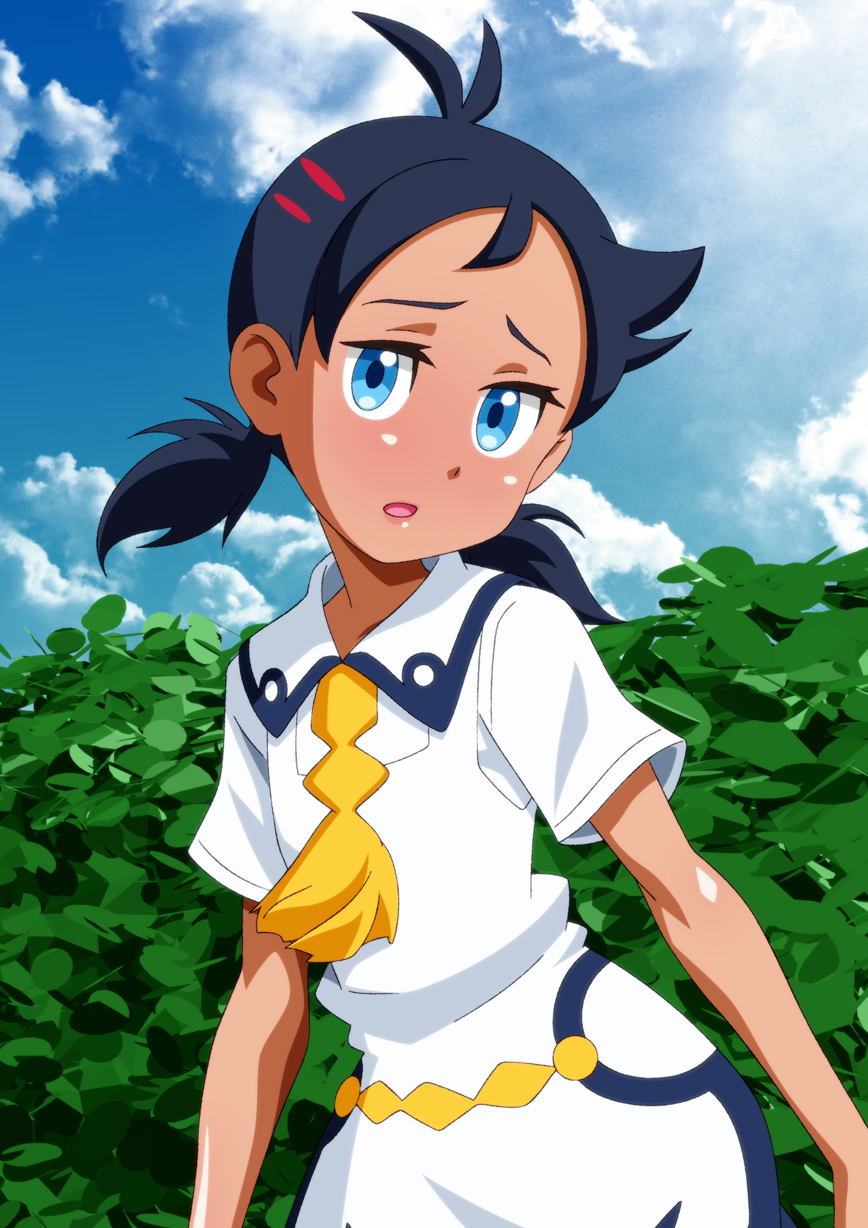 1boy, antenna_hair, black_hair, blue_eyes, bush, carinae, clouds, collared_dress, commentary_request, crossdressing, day, dress, goh_(pokemon), head_tilt, highres, looking_at_viewer, male_focus, open_mouth, otoko_no_ko, outdoors, pokemon, pokemon_(anime), pokemon_journeys, school_uniform, short_sleeves, short_twintails, sky, solo, twintails, vermilion_city_school_uniform, white_dress