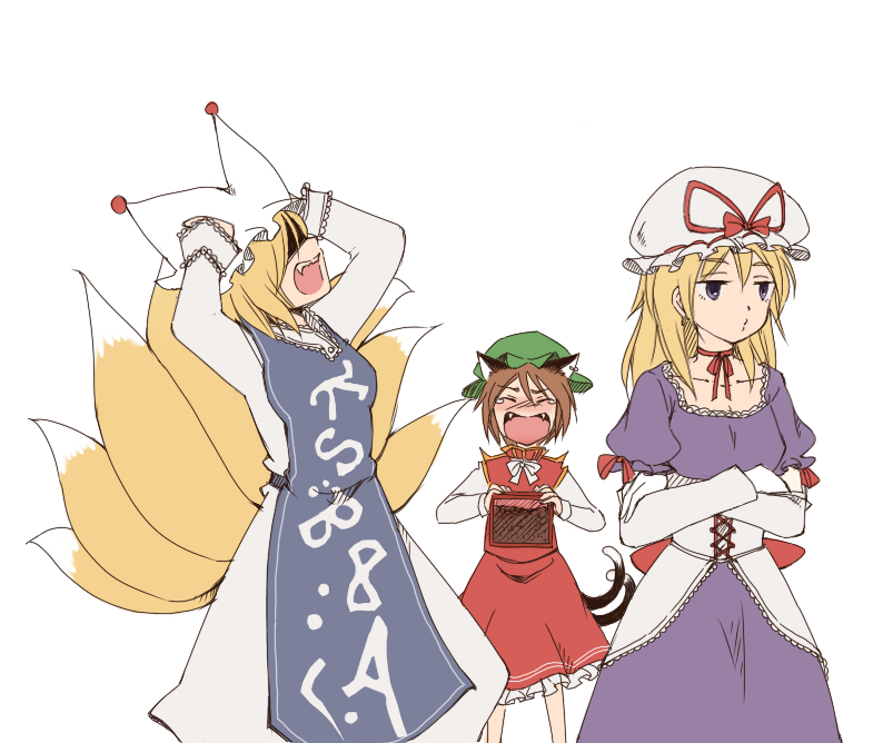 animal_ears, blonde_hair, brown_hair, cat_ears, cat_tail, chen, chinese_clothes, clothes_writing