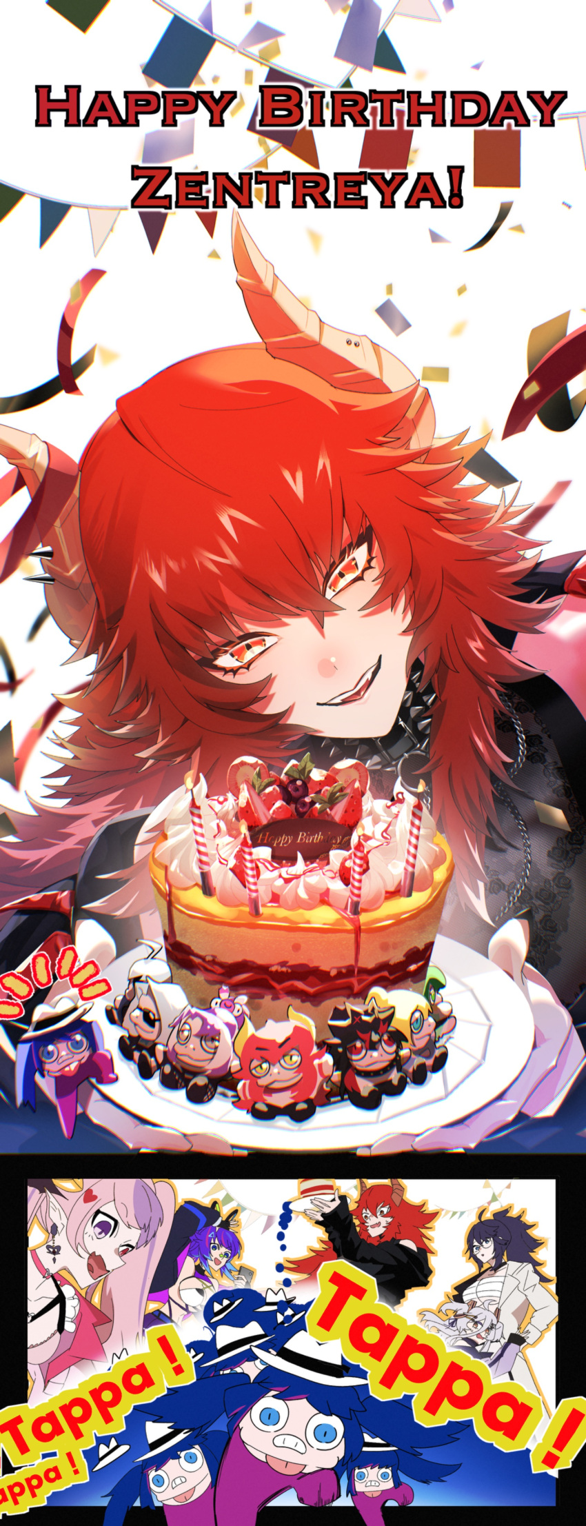 5girls, absurdres, arielle_(vtuber), birthday_cake, black_collar, black_gloves, black_jacket, black_nails