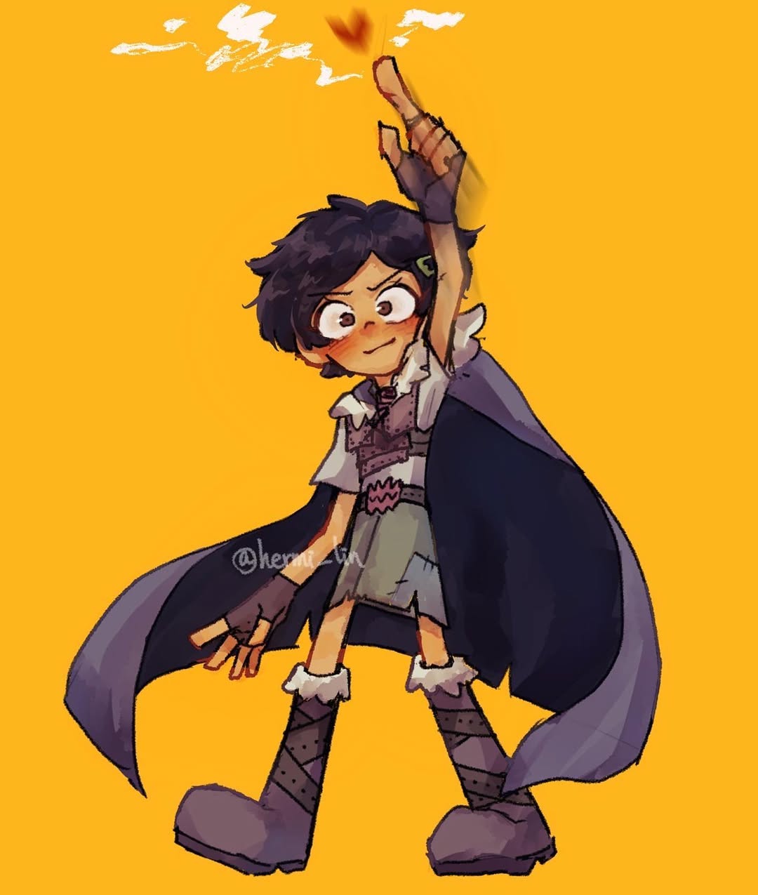1girl, amphibia, arm_up, armor, black_hair, blush, boots, breastplate, brown_eyes, cape, fingerless_gloves, full_body, fur-trimmed_boots, fur-trimmed_cape, fur_trim, gloves, hair_ornament, hairclip, heart, hermi, highres, index_finger_raised, light_smile, looking_at_viewer, marcy_wu, nervous, ranger_uniform_(amphibia), short_hair, signature, solo, yellow_background