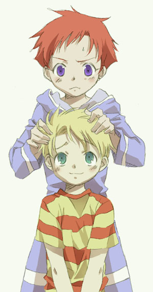 1boy, 1girl, blonde_hair, blush, child, closed_mouth, commentary_request, green_eyes