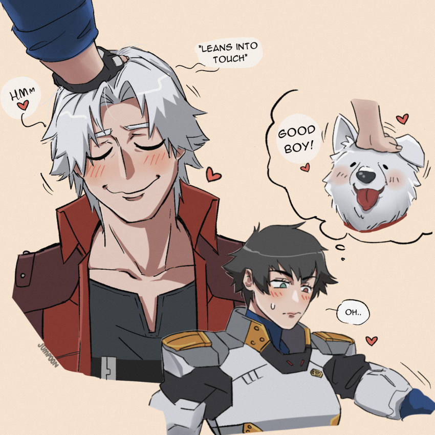 1boy, 1girl, armor, artist_name, black_gloves, black_hair, black_shirt, blush