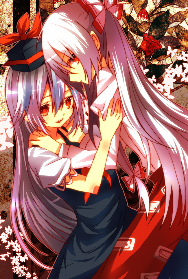 fujiwara_no_mokou, hands_on_shoulders, hat, isuzu_rio, kamishirasawa_keine, long_hair, multiple_girls, red_eyes