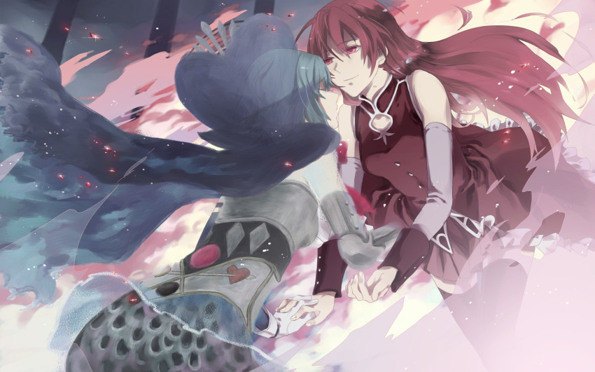 alternate_hairstyle, bare_shoulders, blue_hair, cape, closed_eyes, detached_sleeves, eyes_closed, hand_holding