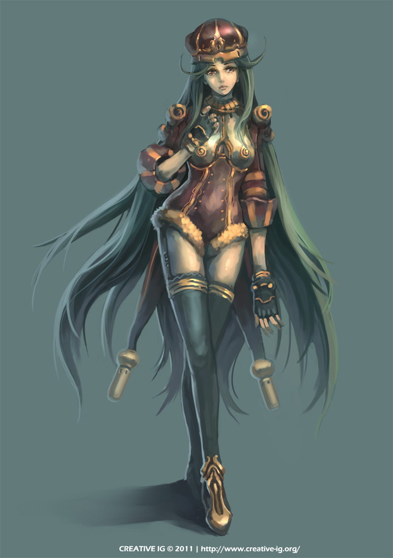 black_hair, crown, epaulettes, fingerless_gloves, fur_trim, gloves, jianran_pan, leotard