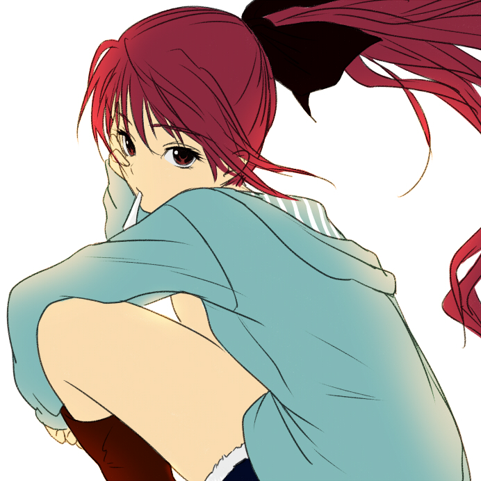 boots, hoodie, long_hair, mahou_shoujo_madoka_magica, mouth_hold, ponytail, red_eyes, red_hair