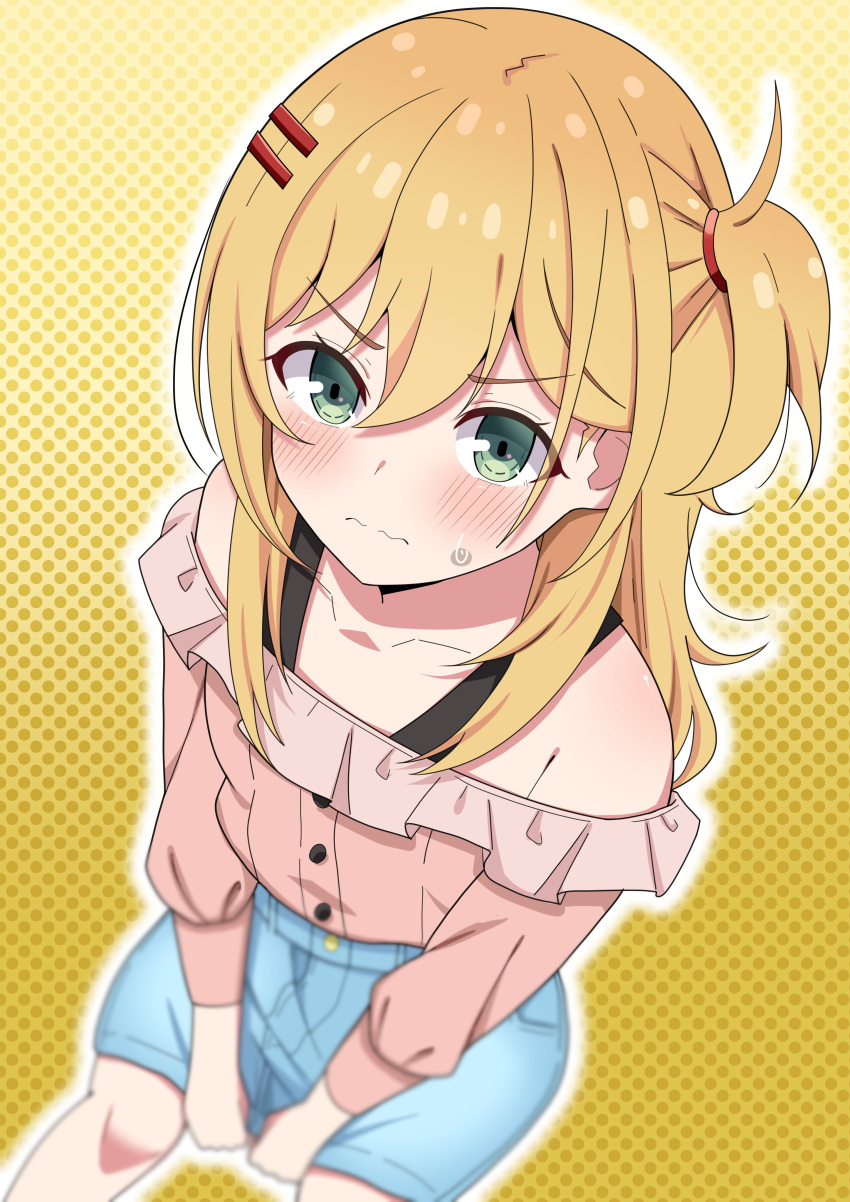 1girl, absurdres, blonde_hair, blush, closed_mouth, denim, denim_skirt, from_above