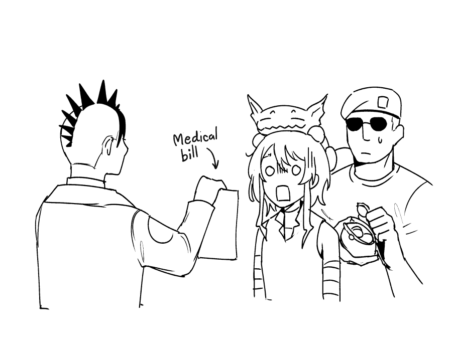 1boy, 2girls, animal, animal_on_head, arrow_(symbol), beret, bottle_cap, closed_mouth, collared_shirt, commentary, courier_(fallout:_new_vegas), craig_boone, english_commentary, english_text, fallout, fallout:_new_vegas, gecko, greyscale, hat, holding, julie_farkas, lab_coat, milramemo, monochrome, multiple_girls, noelle_(milramemo), o_o, on_head, open_mouth, rectangular_mouth, shirt, simple_background, sleeveless, sleeveless_shirt, small_sweatdrop, sunglasses, sweat, turn_pale, upper_body, white_background