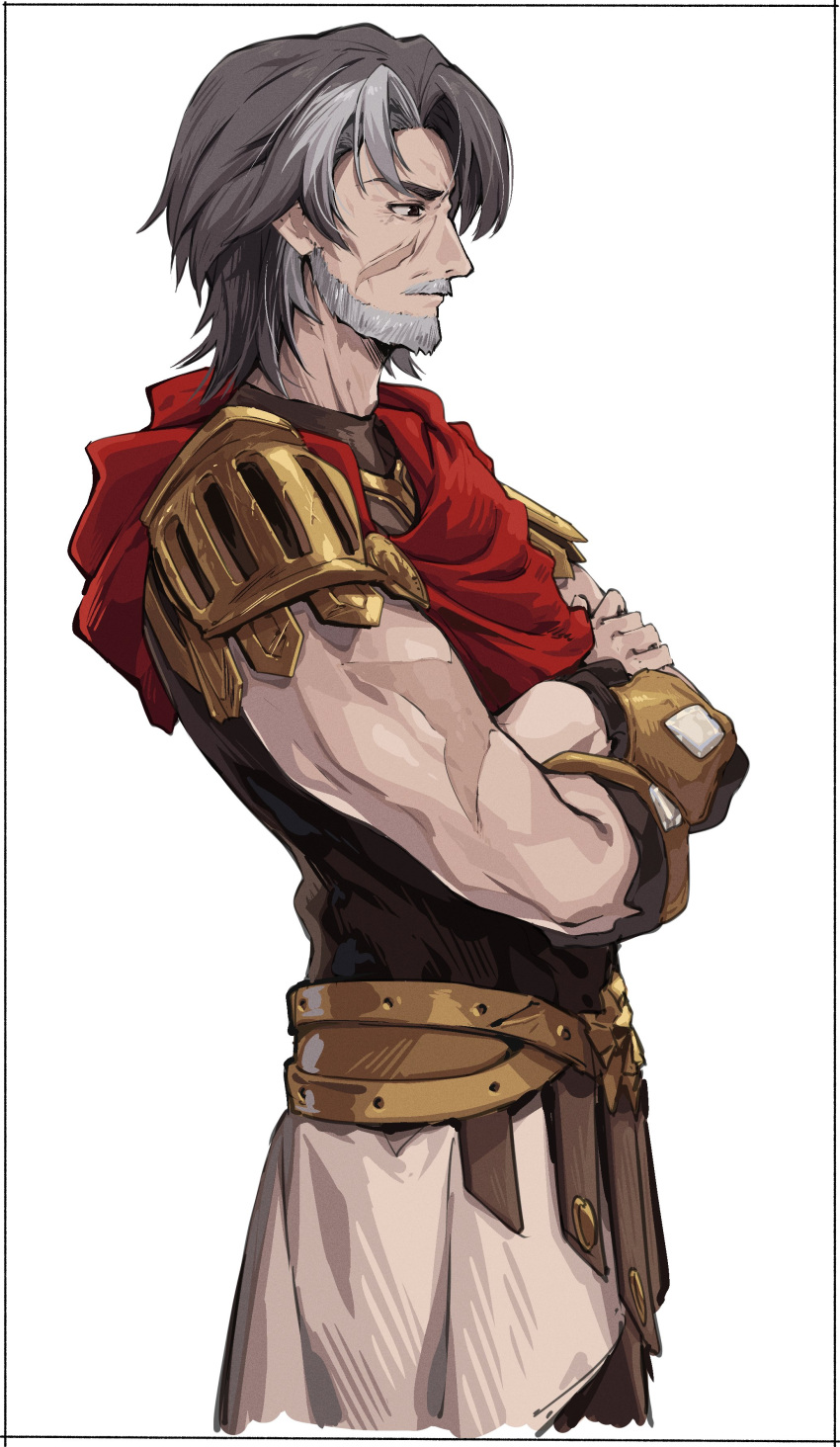 1boy, absurdres, ancient_greek_clothes, beard, black_hair, commentary_request, crossed_arms, facial_hair, from_side, greco-roman_clothes, highres, himation, honkai:_star_rail, honkai_(series), kei_(soundcross), krateros_(honkai:_star_rail), male_focus, muscular, muscular_male, mustache, old, old_man, scar, scar_on_face, short_hair, simple_background, solo, white_background
